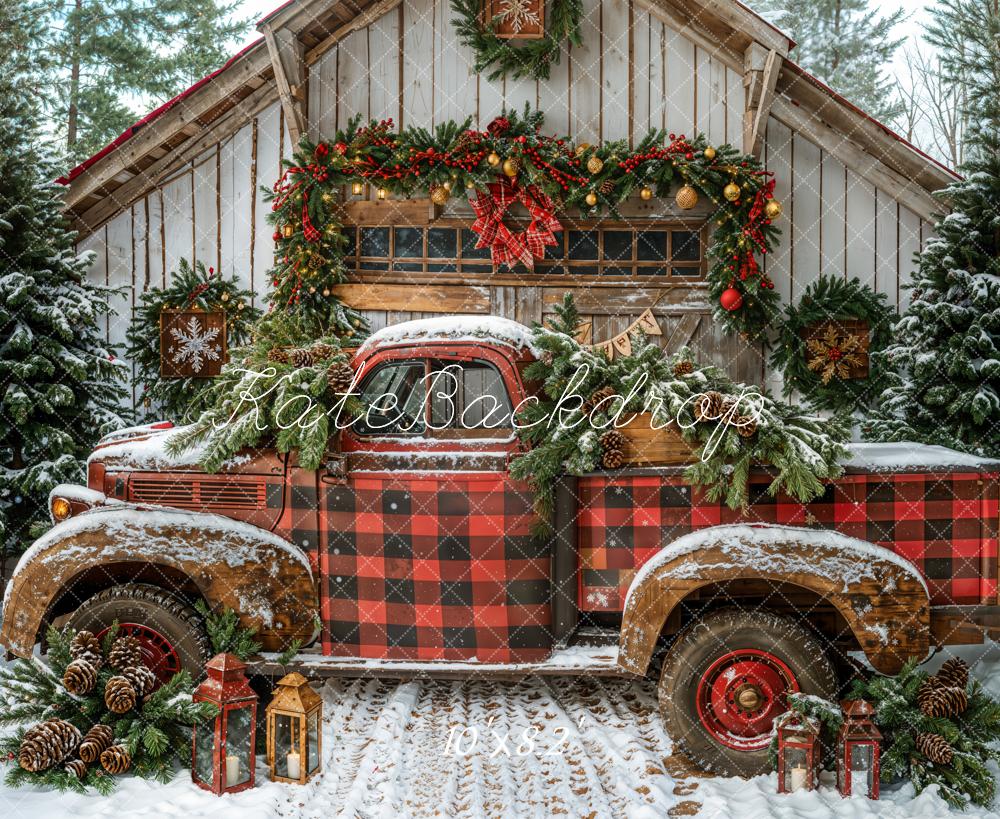 Kate Christmas Red Plaid Truck Cabin Snow Backdrop Designed by Emetselch -UK