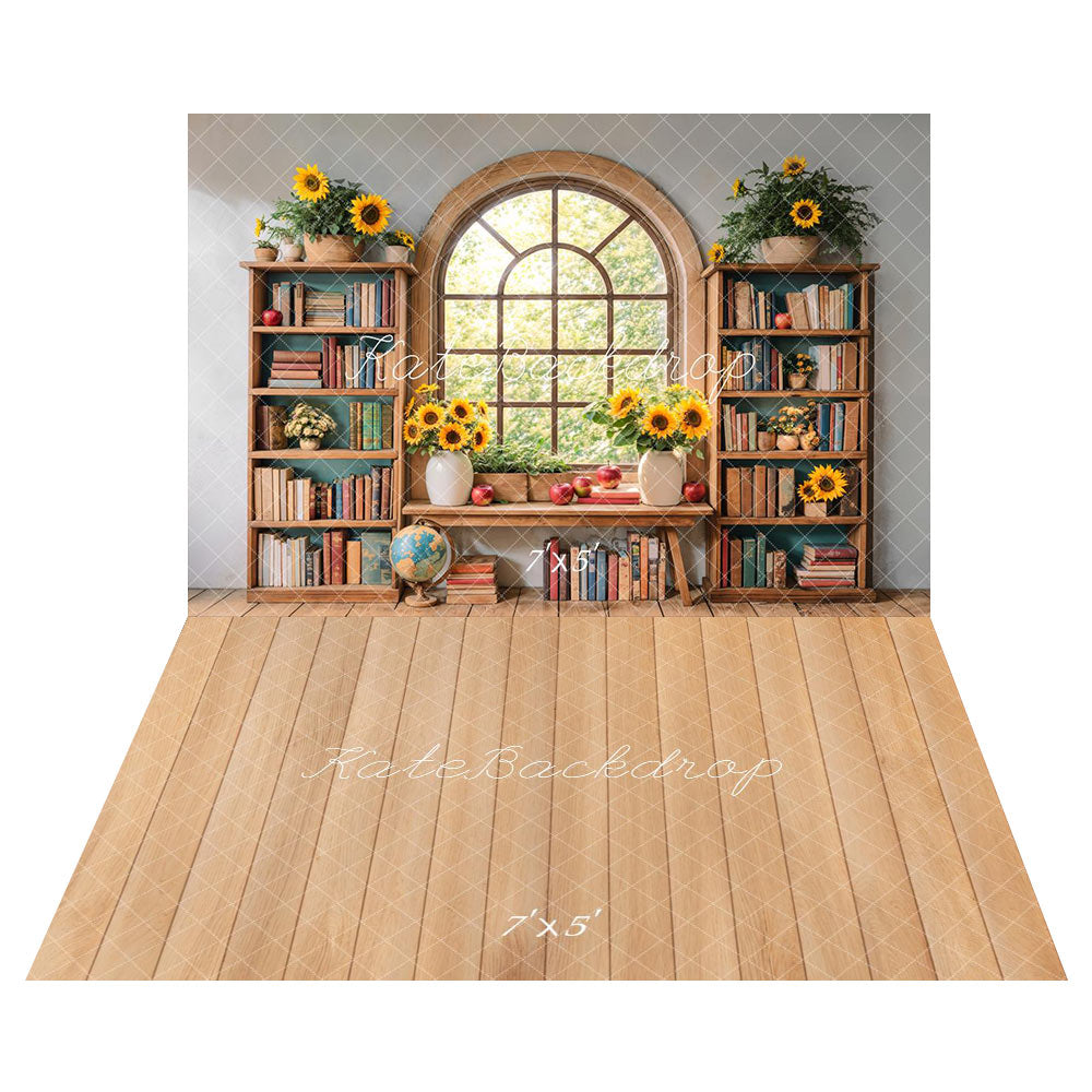 Kate Graduation Bookshelf Window Backdrop+Light Brown Wooden Floor Backdrop -UK