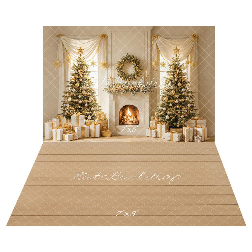 Kate Christmas Tree Fireplace Gifts Backdrop+Beige Wood Floor Backdrop -UK