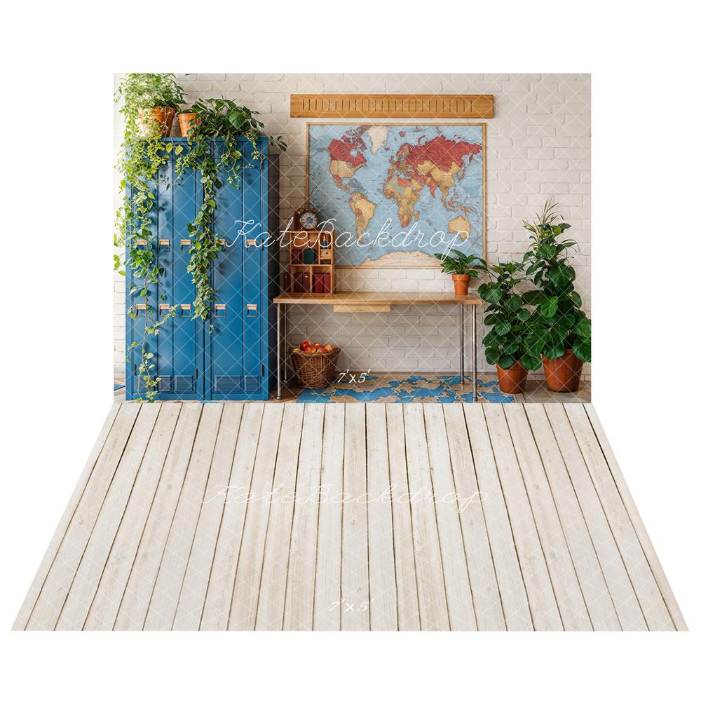 On Sale Kate Back to school Map Plants Lockers Backdrop+Light Beige Wooden Floor Backdrop -UK