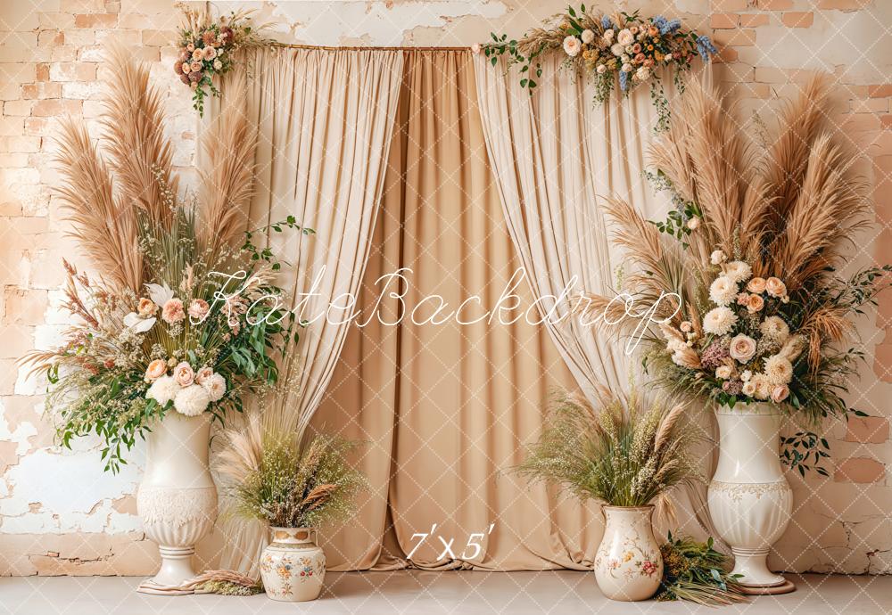 Kate Boho Floral Curtains Beige Backdrop Designed by Kate Image -UK
