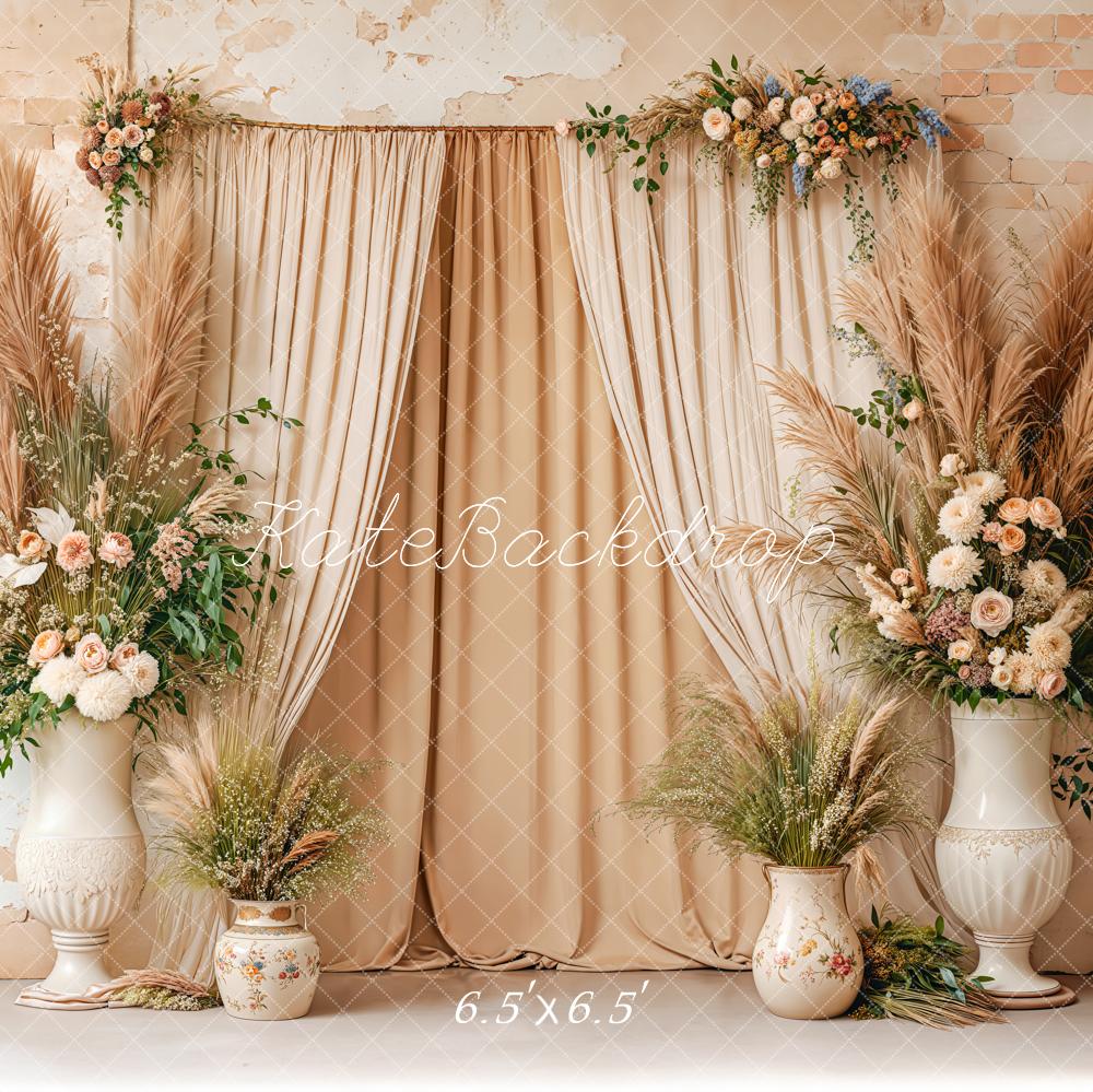 Kate Boho Floral Curtains Beige Backdrop Designed by Kate Image -UK