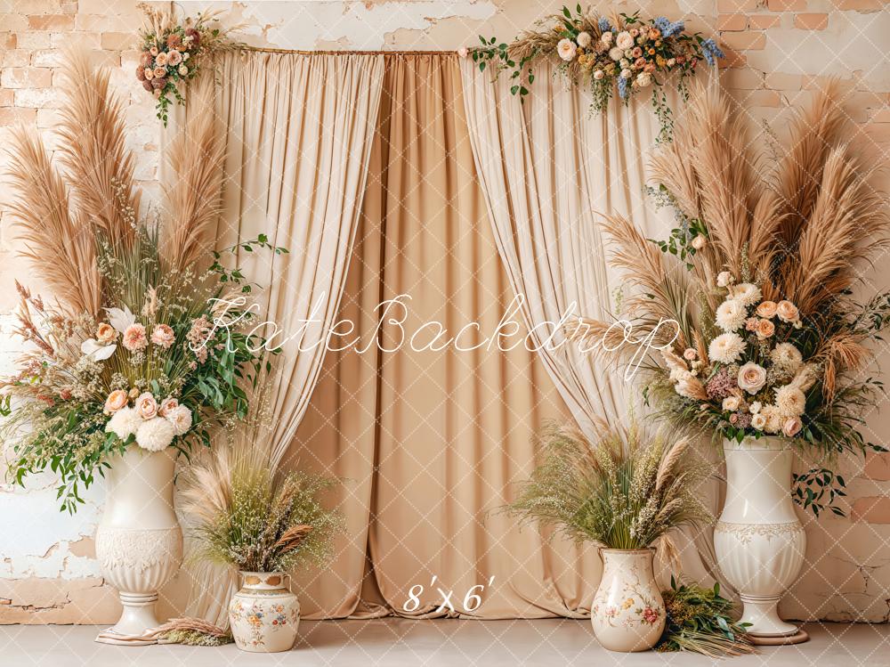 Kate Boho Floral Curtains Beige Backdrop Designed by Kate Image -UK