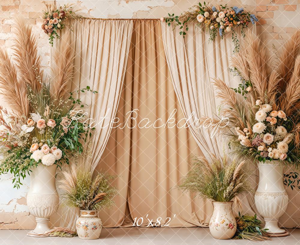Kate Boho Floral Curtains Beige Backdrop Designed by Kate Image -UK
