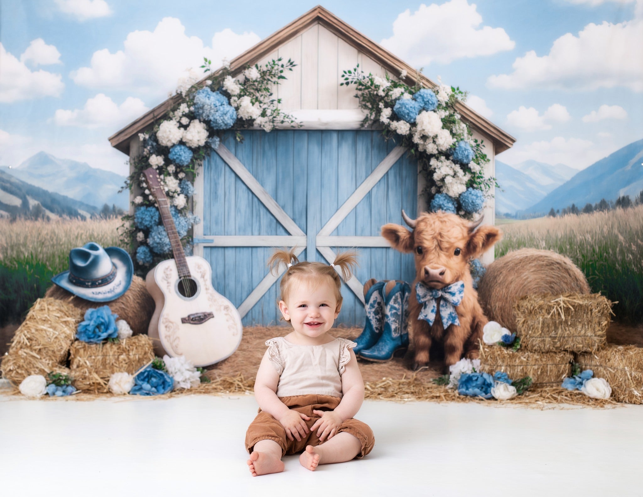 Kate Country Barn Floral Cow Backdrop Designed by Ashley Paul -UK