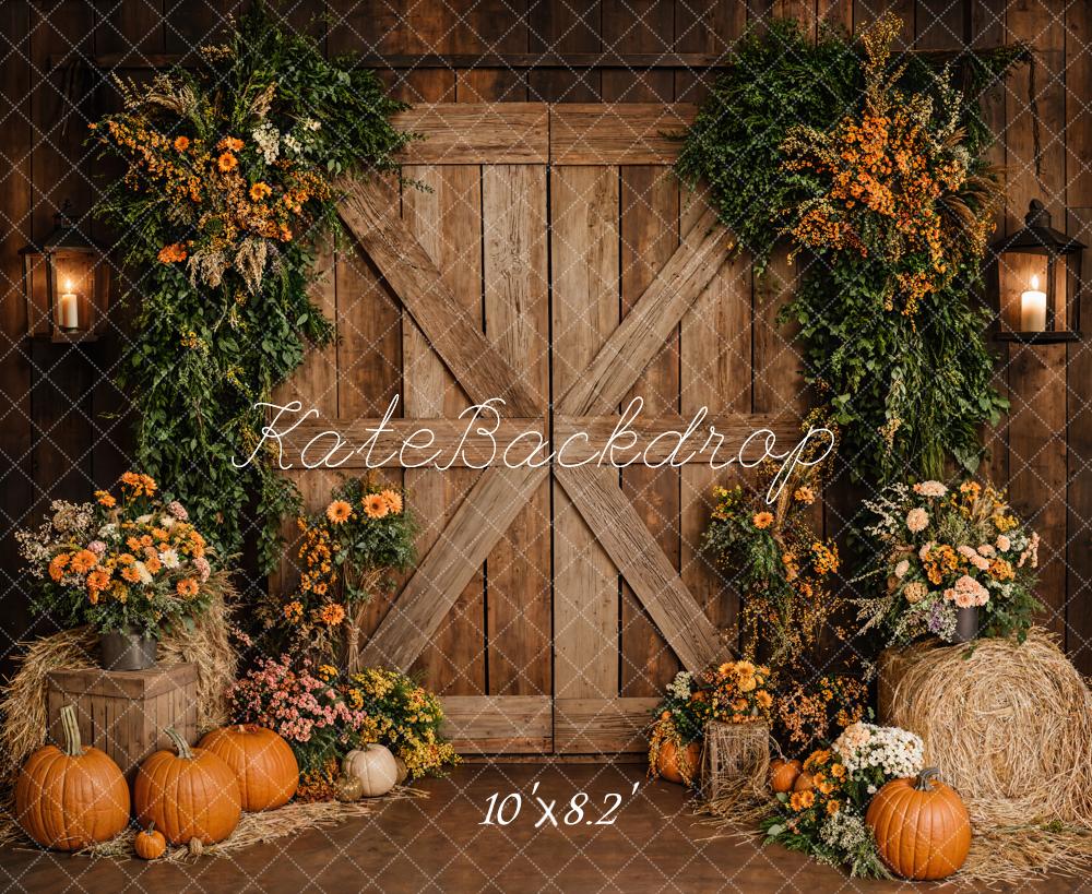 Kate Autumn Floral Pumpkins Barn Door Backdrop Designed by Emetselch -UK