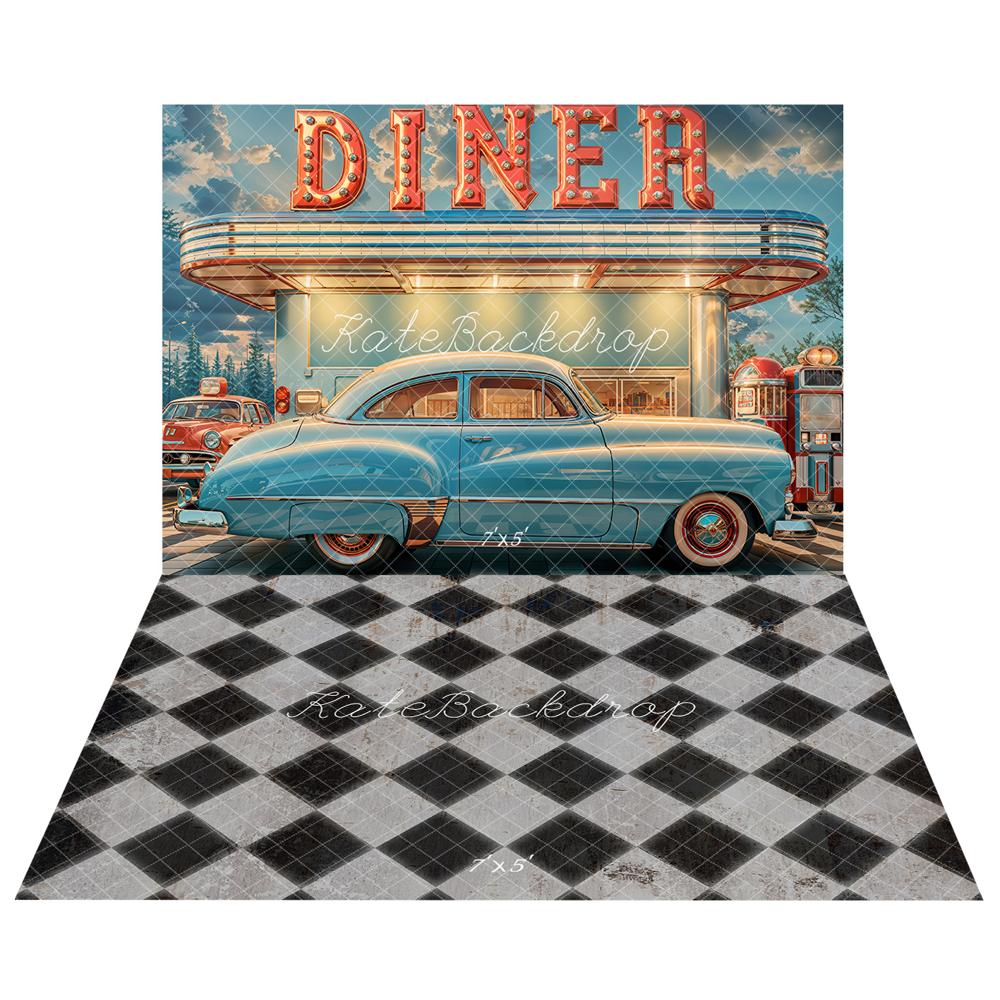 Kate Retro Diner Blue Car Backdrop+Black White Dirty Grid Floor Backdrop -UK