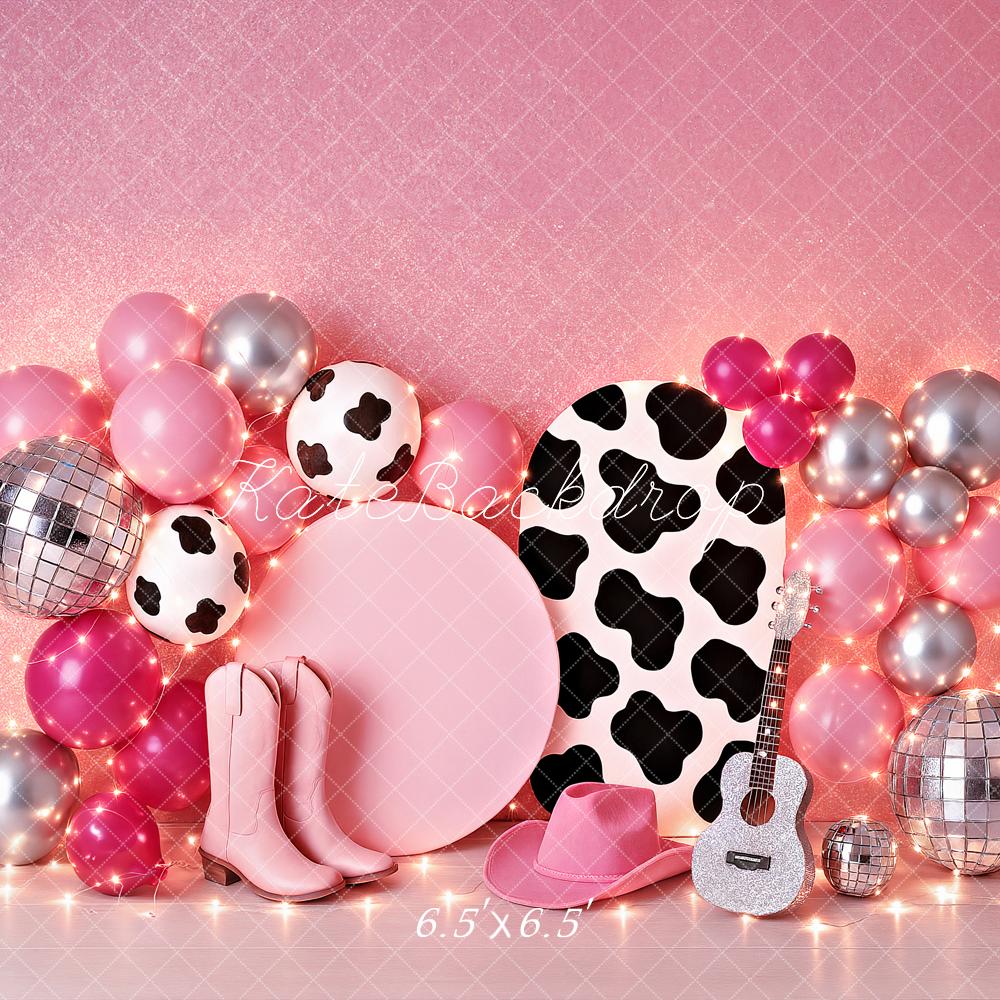Kate Birthday Cowgirl Pink Balloon Guitar Disco Backdrop Designed by Ashley Paul -UK