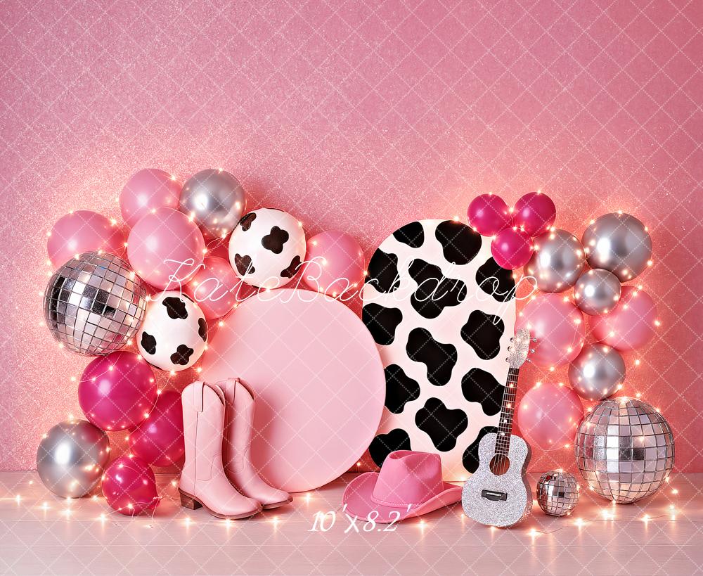 Kate Birthday Cowgirl Pink Balloon Guitar Disco Backdrop Designed by Ashley Paul -UK