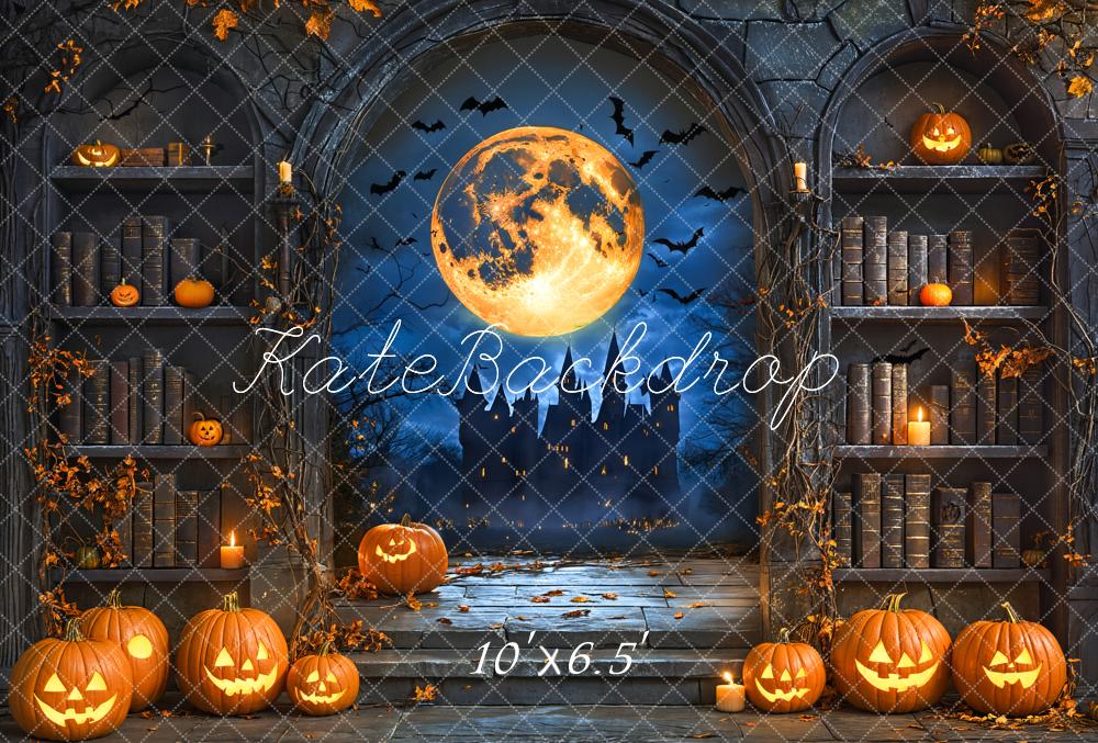 Kate Halloween Pumpkin Moon Vintage Bookshelf Backdrop Designed by Emetselch -UK