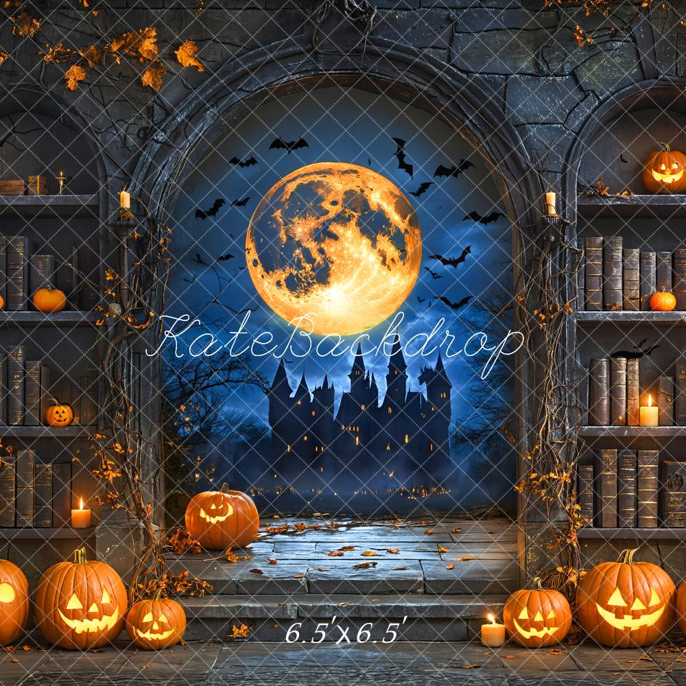 Kate Halloween Pumpkin Moon Vintage Bookshelf Backdrop Designed by Emetselch -UK