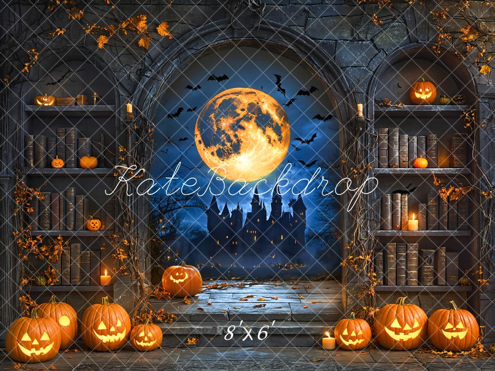 Kate Halloween Pumpkin Moon Vintage Bookshelf Backdrop Designed by Emetselch -UK