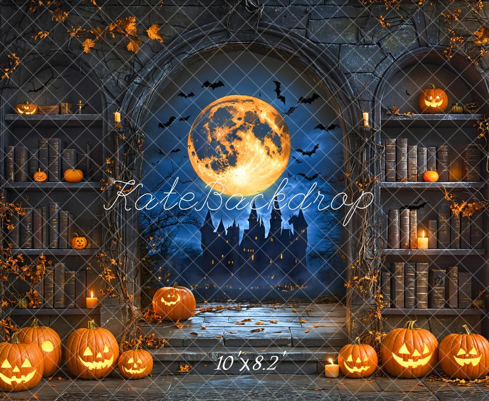 Kate Halloween Pumpkin Moon Vintage Bookshelf Backdrop Designed by Emetselch -UK