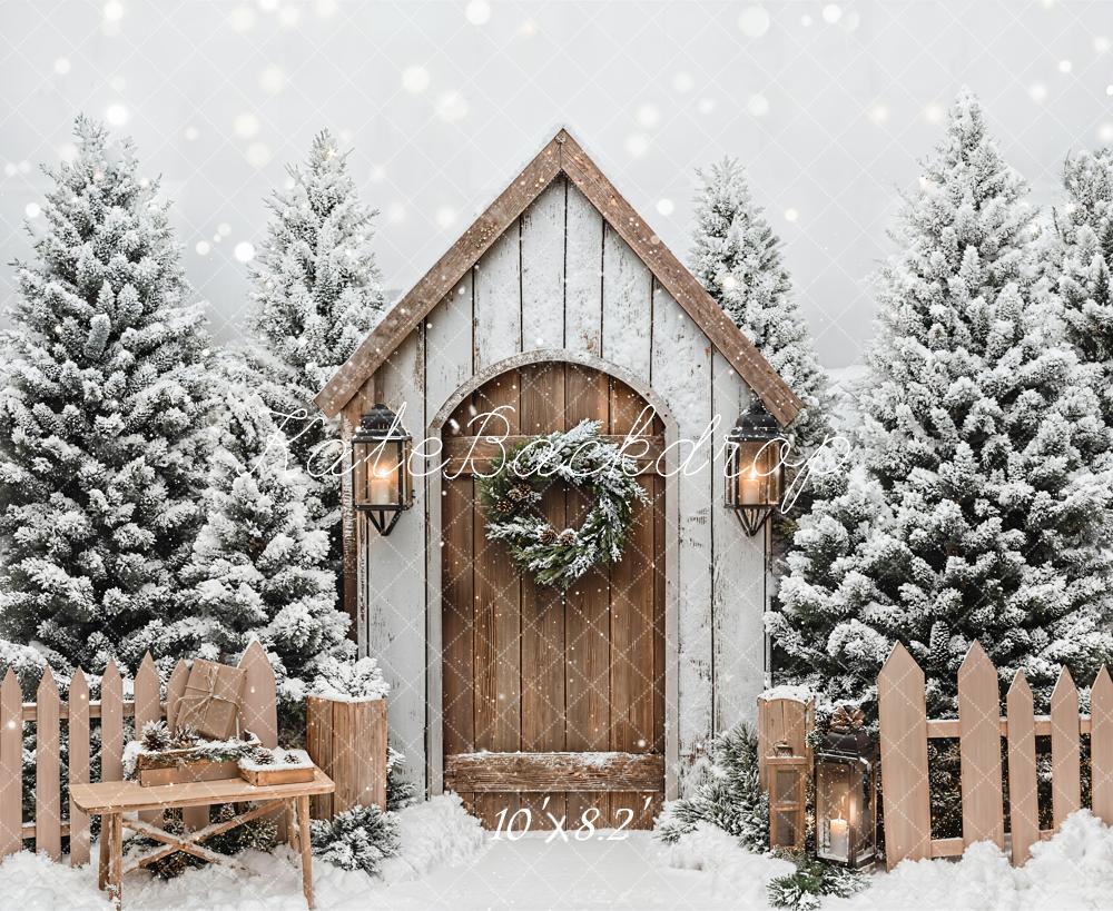 Kate Christmas Winter Cabin Snowy Fence Backdrop Designed by Emetselch -UK