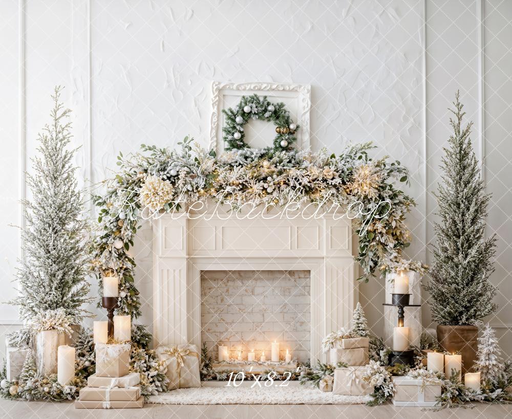 Kate Christmas White Fireplace Garland Candles Backdrop Designed by Emetselch