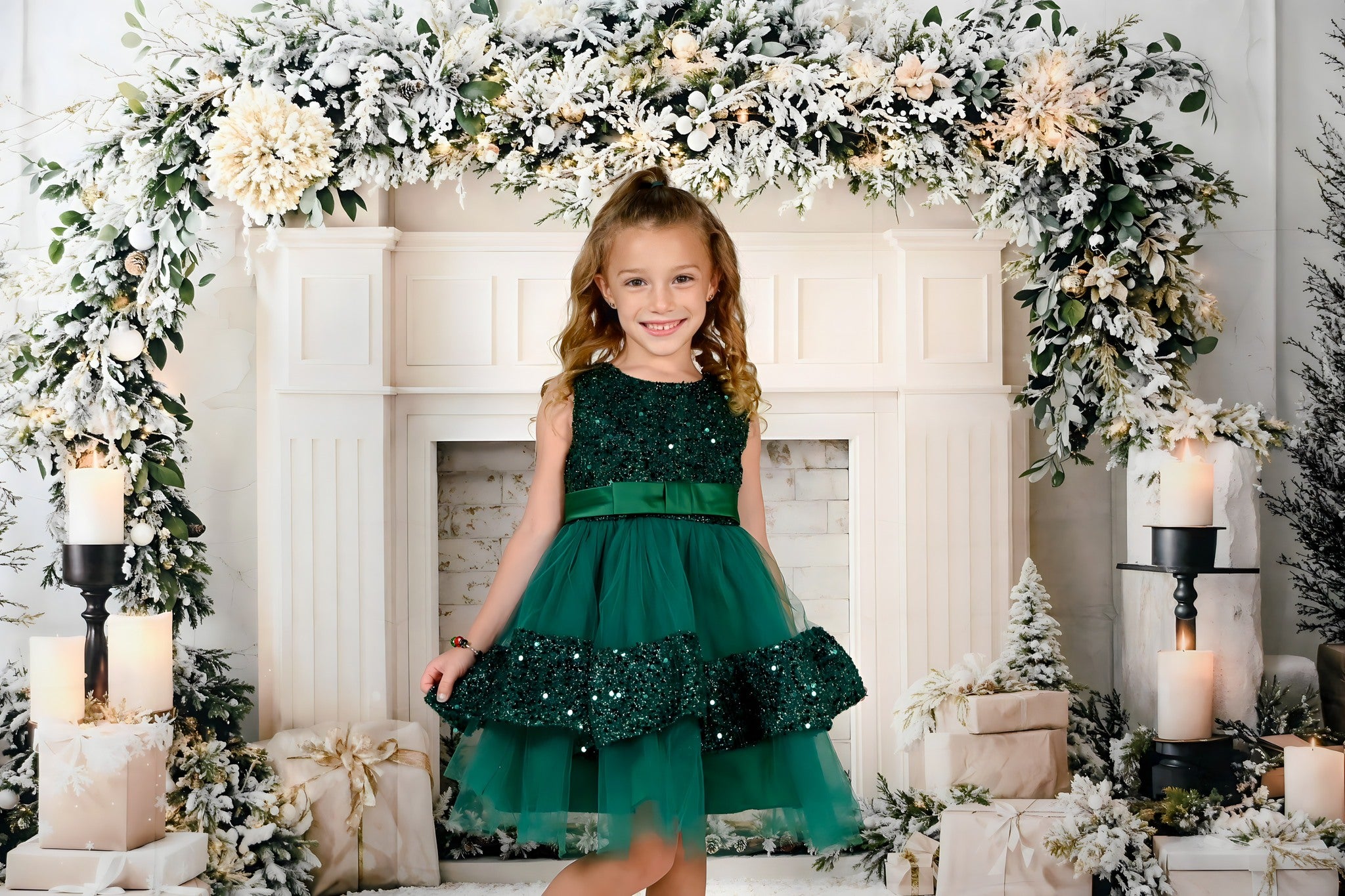 Kate Christmas White Fireplace Garland Candles Backdrop Designed by Emetselch