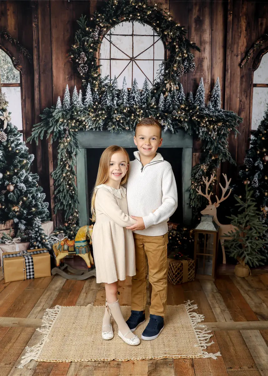 On Sale Kate Christmas Tree Fireplace Wreath Deer Backdrop+Wood Brown Floor Backdrop -UK