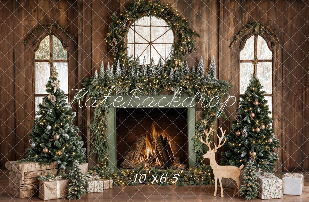 Kate Christmas Tree Wood Fireplace Wreath Deer Backdrop Designed by Emetselch -UK