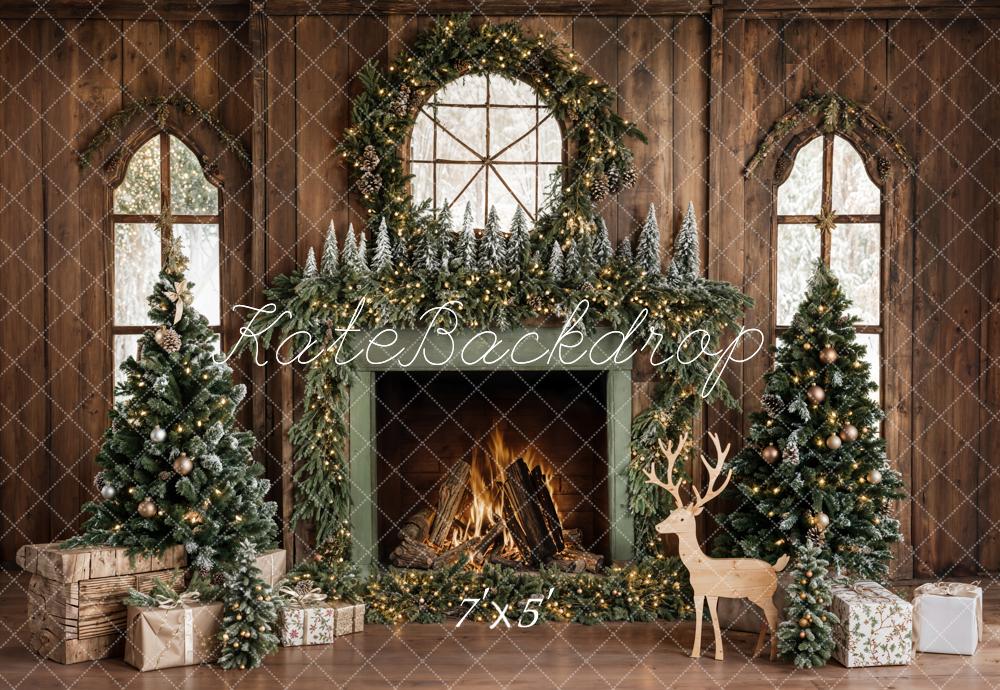 Kate Christmas Tree Wood Fireplace Wreath Deer Backdrop Designed by Emetselch -UK