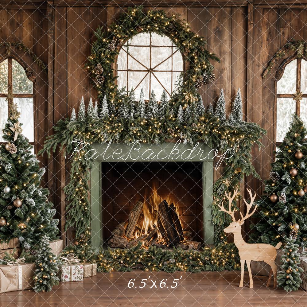 Kate Christmas Tree Wood Fireplace Wreath Deer Backdrop Designed by Emetselch -UK