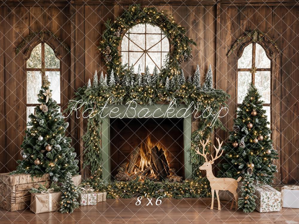 Kate Christmas Tree Wood Fireplace Wreath Deer Backdrop Designed by Emetselch -UK