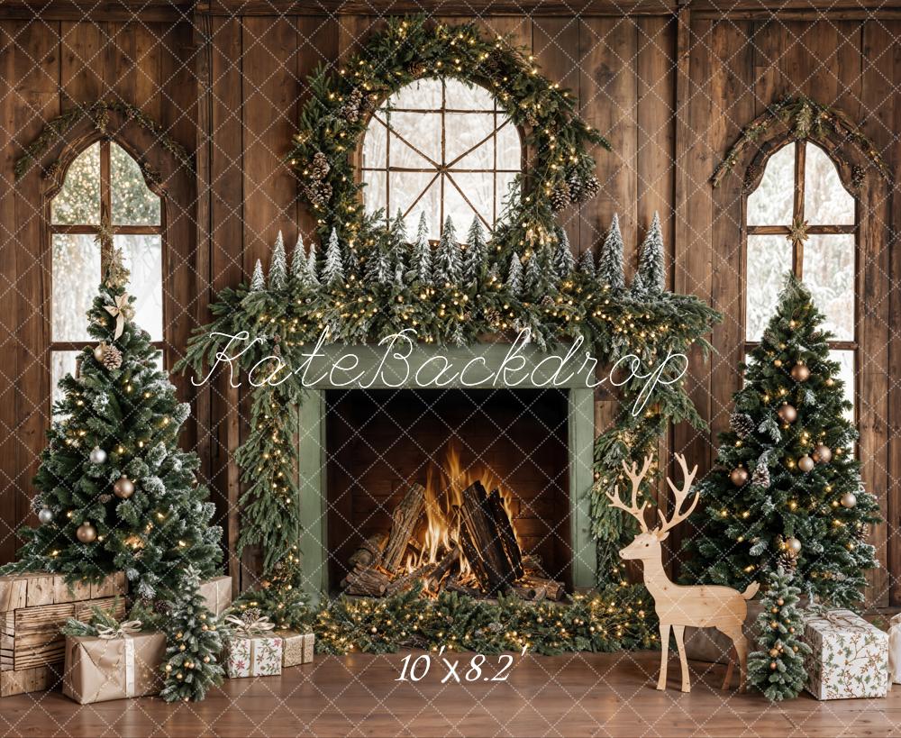 Kate Christmas Tree Wood Fireplace Wreath Deer Backdrop Designed by Emetselch -UK