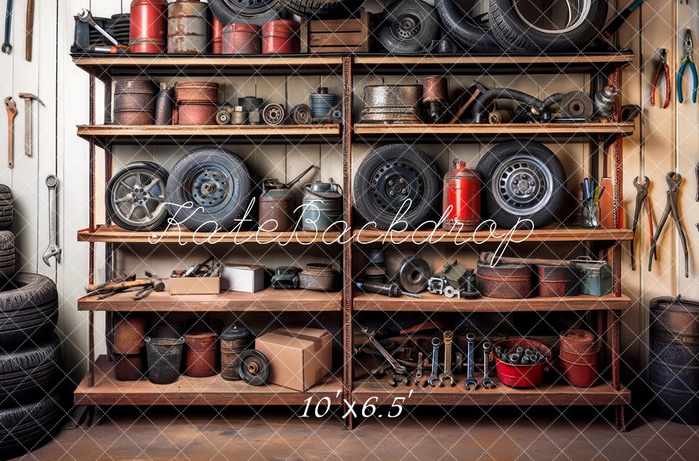 Kate Garage Shelves Tools Tires Backdrop Designed by Mandy Ringe Photography -UK