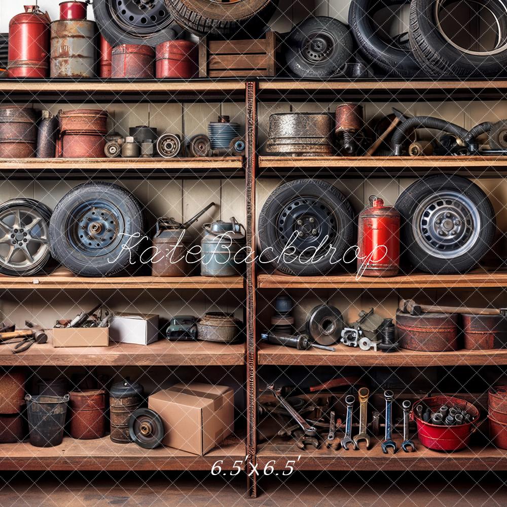 Kate Garage Shelves Tools Tires Backdrop Designed by Mandy Ringe Photography -UK