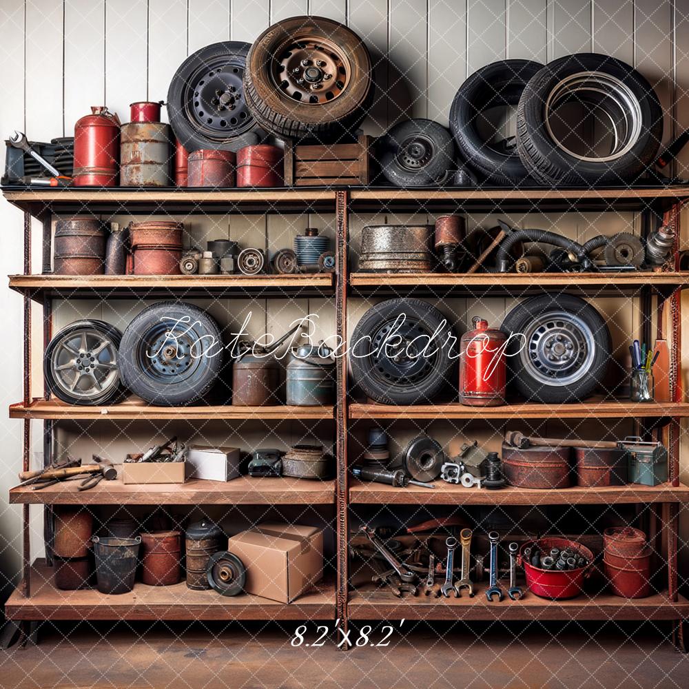 Kate Garage Shelves Tools Tires Backdrop Designed by Mandy Ringe Photography -UK