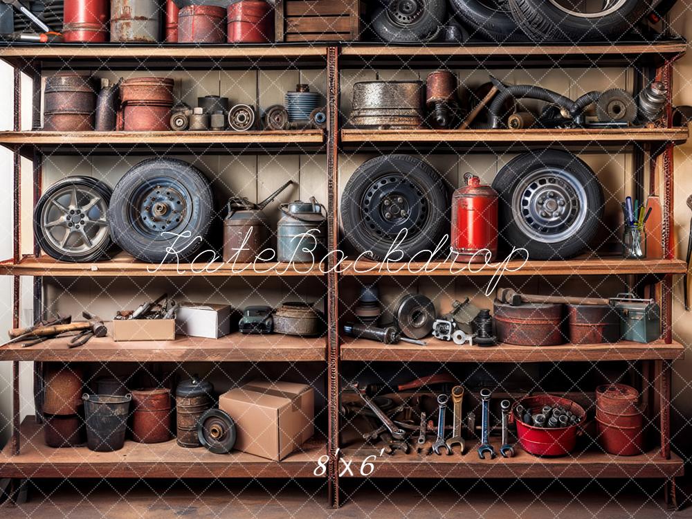 Kate Garage Shelves Tools Tires Backdrop Designed by Mandy Ringe Photography -UK