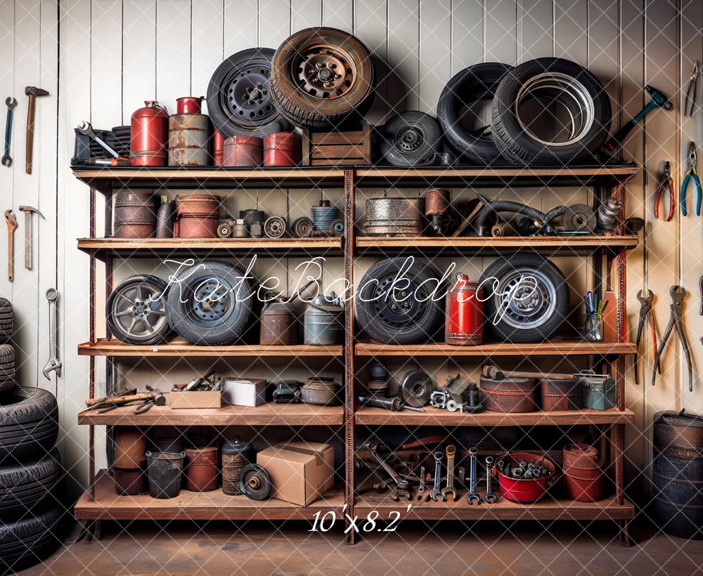 Kate Garage Shelves Tools Tires Backdrop Designed by Mandy Ringe Photography -UK