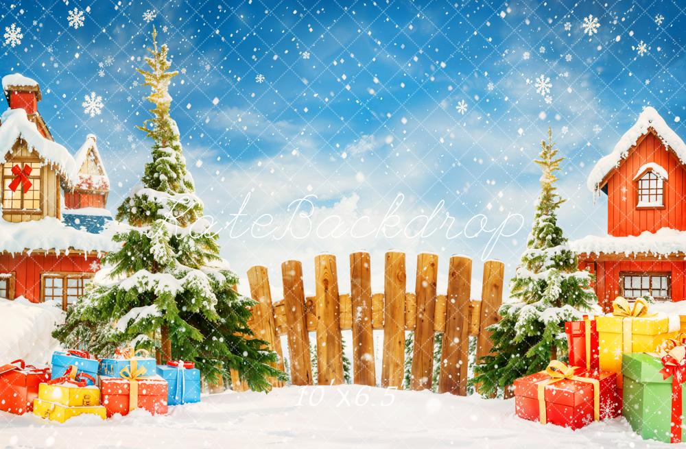 Kate Christmas Tree Gifts Snowy Village Backdrop Designed by Chain Photography