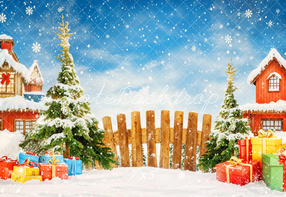 Kate Christmas Tree Gifts Snowy Village Backdrop Designed by Chain Photography