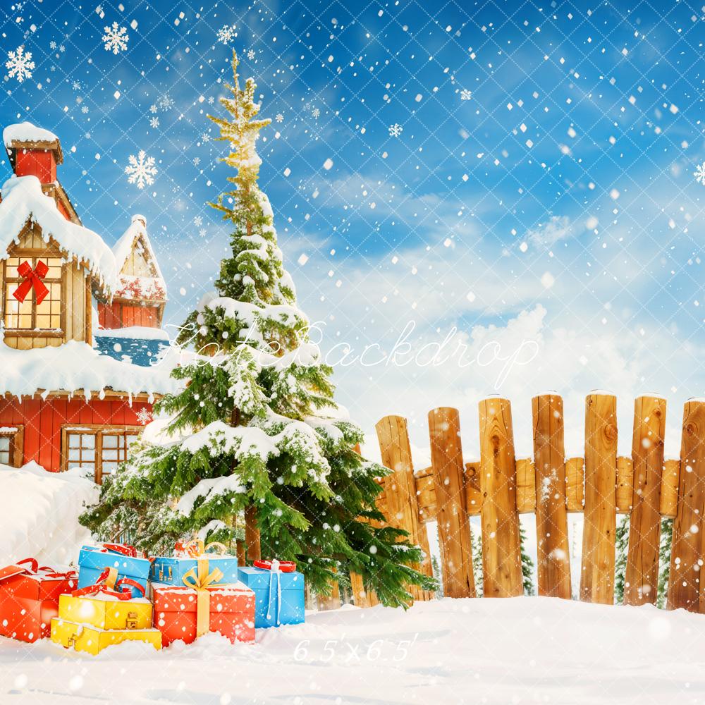 Kate Christmas Tree Gifts Snowy Village Backdrop Designed by Chain Photography