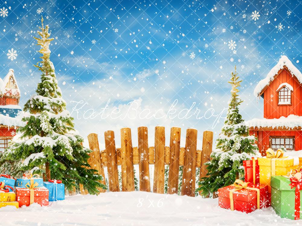 Kate Christmas Tree Gifts Snowy Village Backdrop Designed by Chain Photography