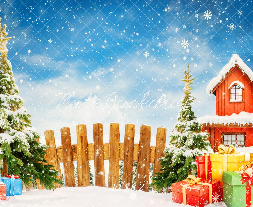Kate Christmas Tree Gifts Snowy Village Backdrop Designed by Chain Photography