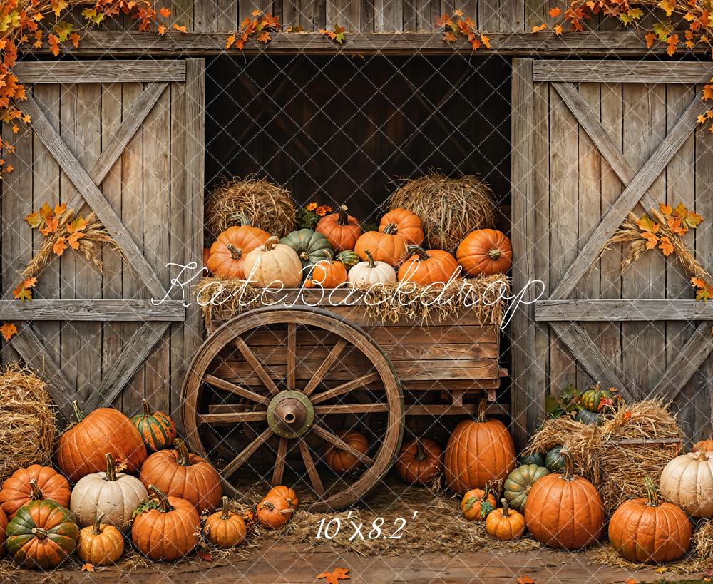 On Sale Kate Autumn Pumpkins Cart Barn Door Backdrop Designed by Emetselch -UK