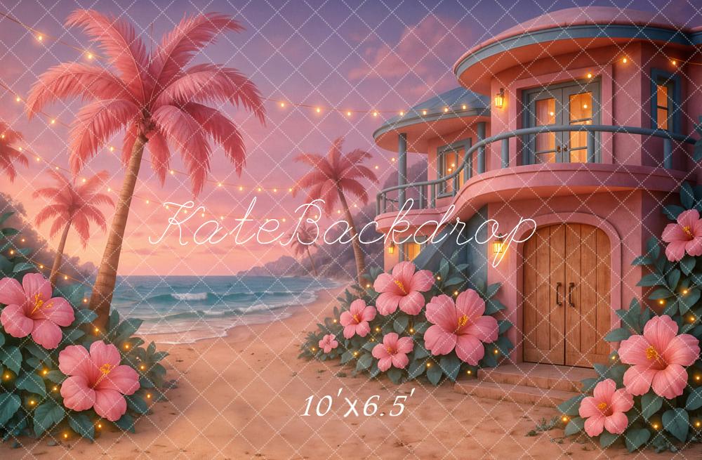 Lightning Deals Kate Summer Beach Tropical Sunset House Pink Backdrop Designed by Ashley Paul -UK