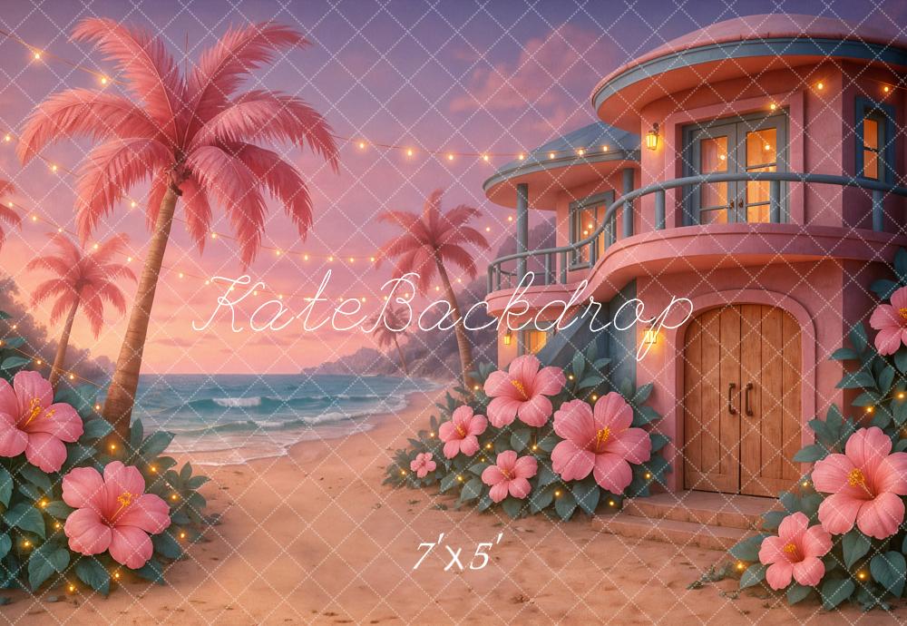 Lightning Deals Kate Summer Beach Tropical Sunset House Pink Backdrop Designed by Ashley Paul -UK