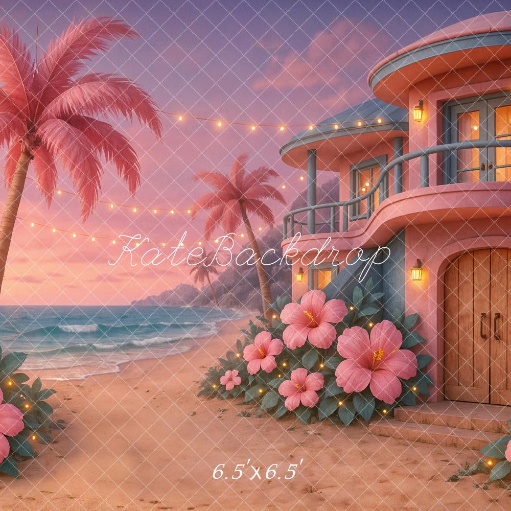Lightning Deals Kate Summer Beach Tropical Sunset House Pink Backdrop Designed by Ashley Paul -UK
