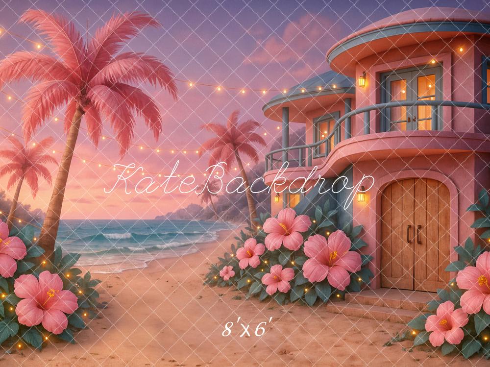 Lightning Deals Kate Summer Beach Tropical Sunset House Pink Backdrop Designed by Ashley Paul -UK