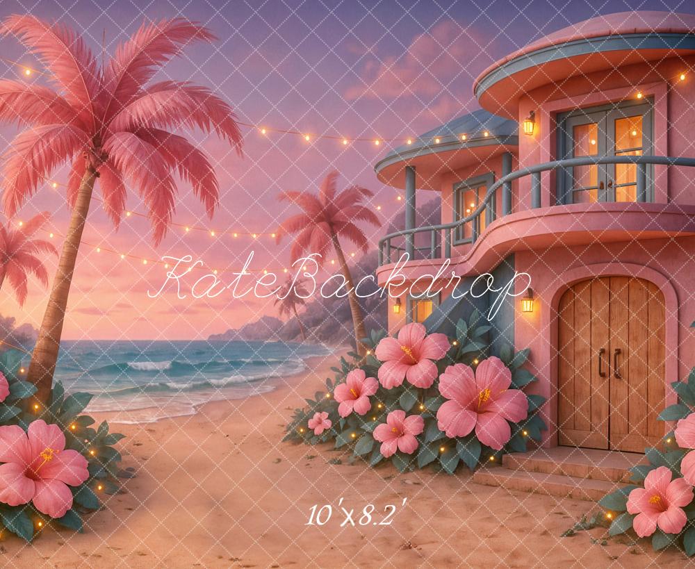 Lightning Deals Kate Summer Beach Tropical Sunset House Pink Backdrop Designed by Ashley Paul -UK
