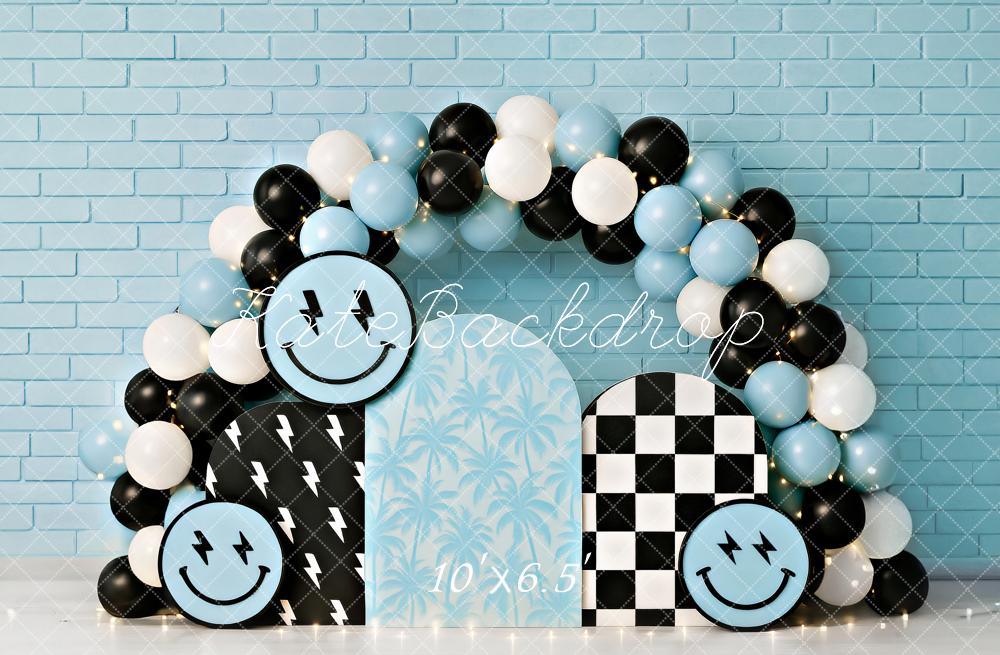 Kate Cake Smash Smiley Blue Balloon Arch Backdrop Designed by Ashley Paul