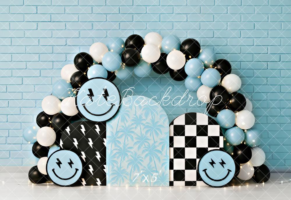 Kate Cake Smash Smiley Blue Balloon Arch Backdrop Designed by Ashley Paul