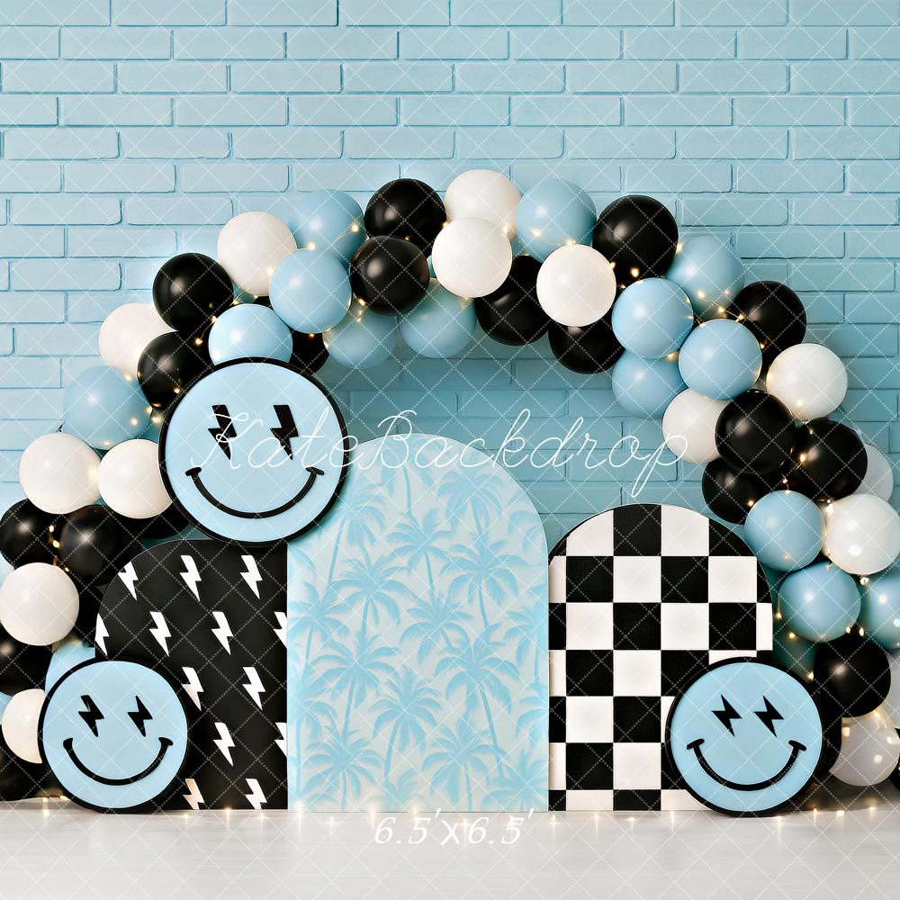 Kate Cake Smash Smiley Blue Balloon Arch Backdrop Designed by Ashley Paul