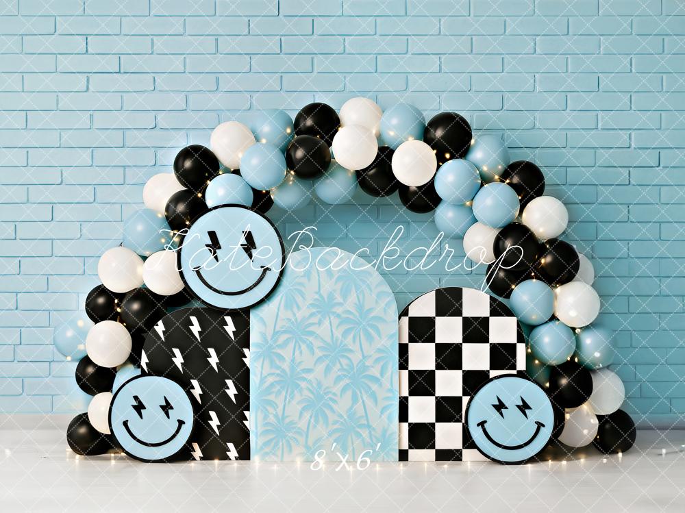 Kate Cake Smash Smiley Blue Balloon Arch Backdrop Designed by Ashley Paul