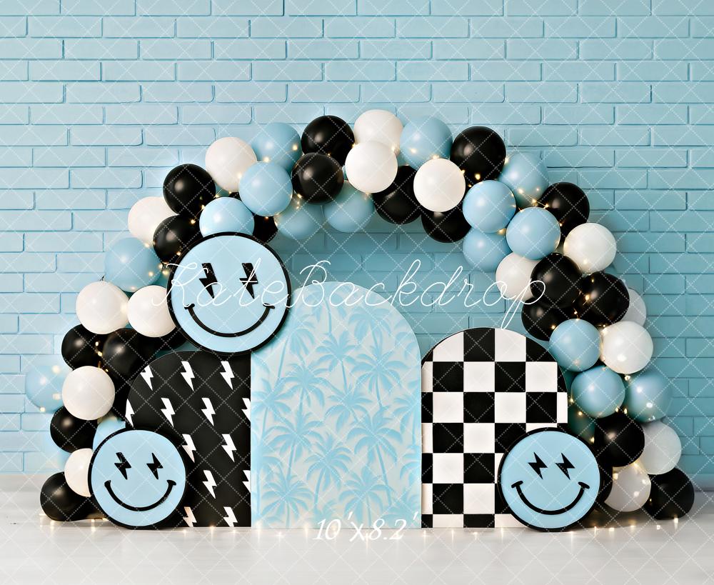 Kate Cake Smash Smiley Blue Balloon Arch Backdrop Designed by Ashley Paul