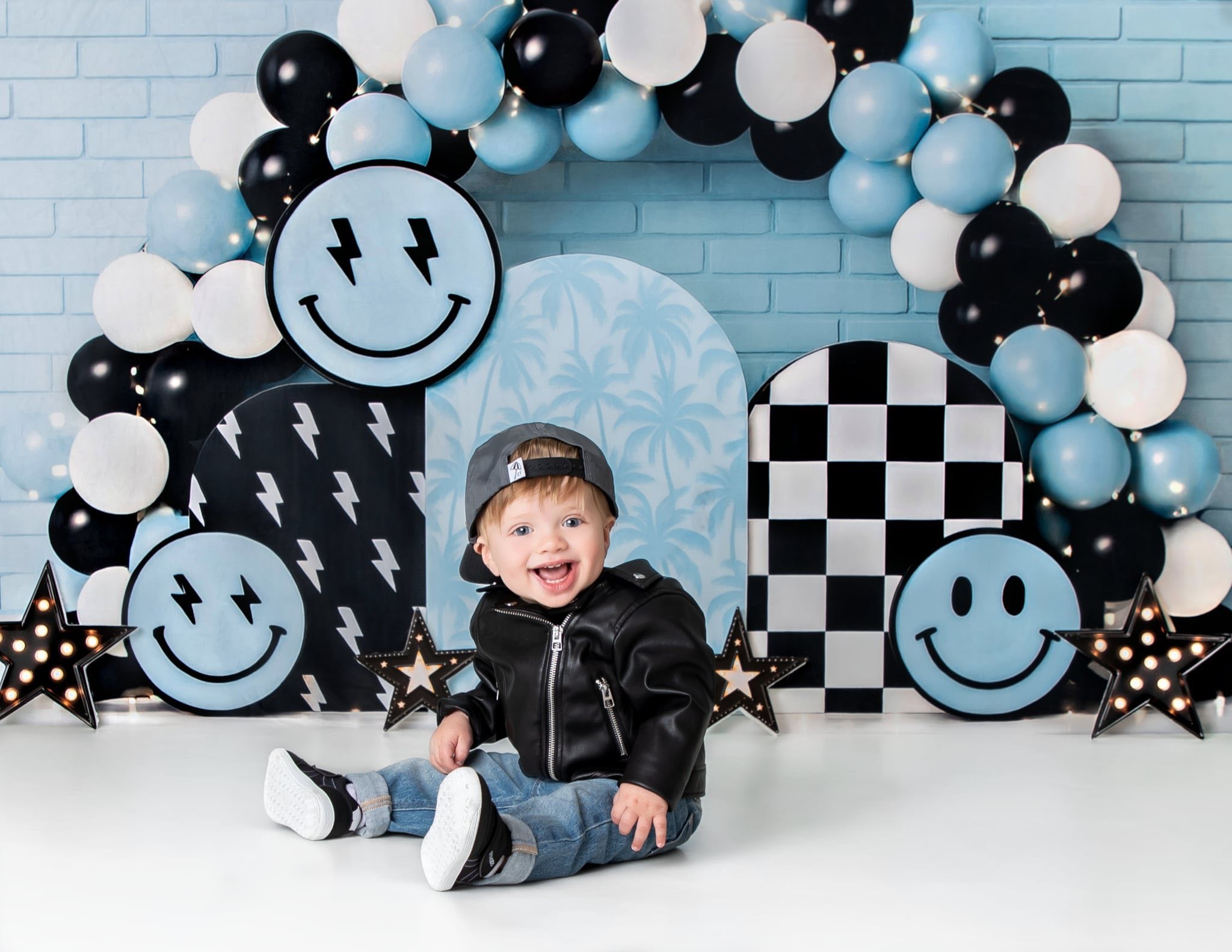 Kate Cake Smash Smiley Blue Balloon Arch Backdrop Designed by Ashley Paul