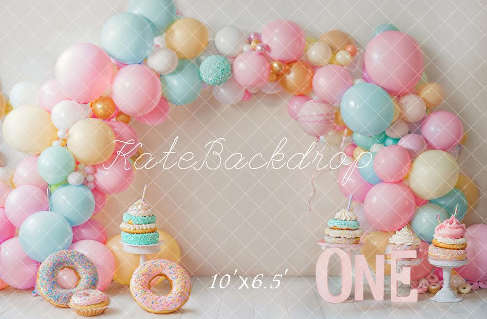 Kate Cake Smash Donut Pastel Balloon Arch Backdrop Designed by Emetselch