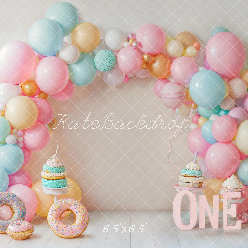 Kate Cake Smash Donut Pastel Balloon Arch Backdrop Designed by Emetselch